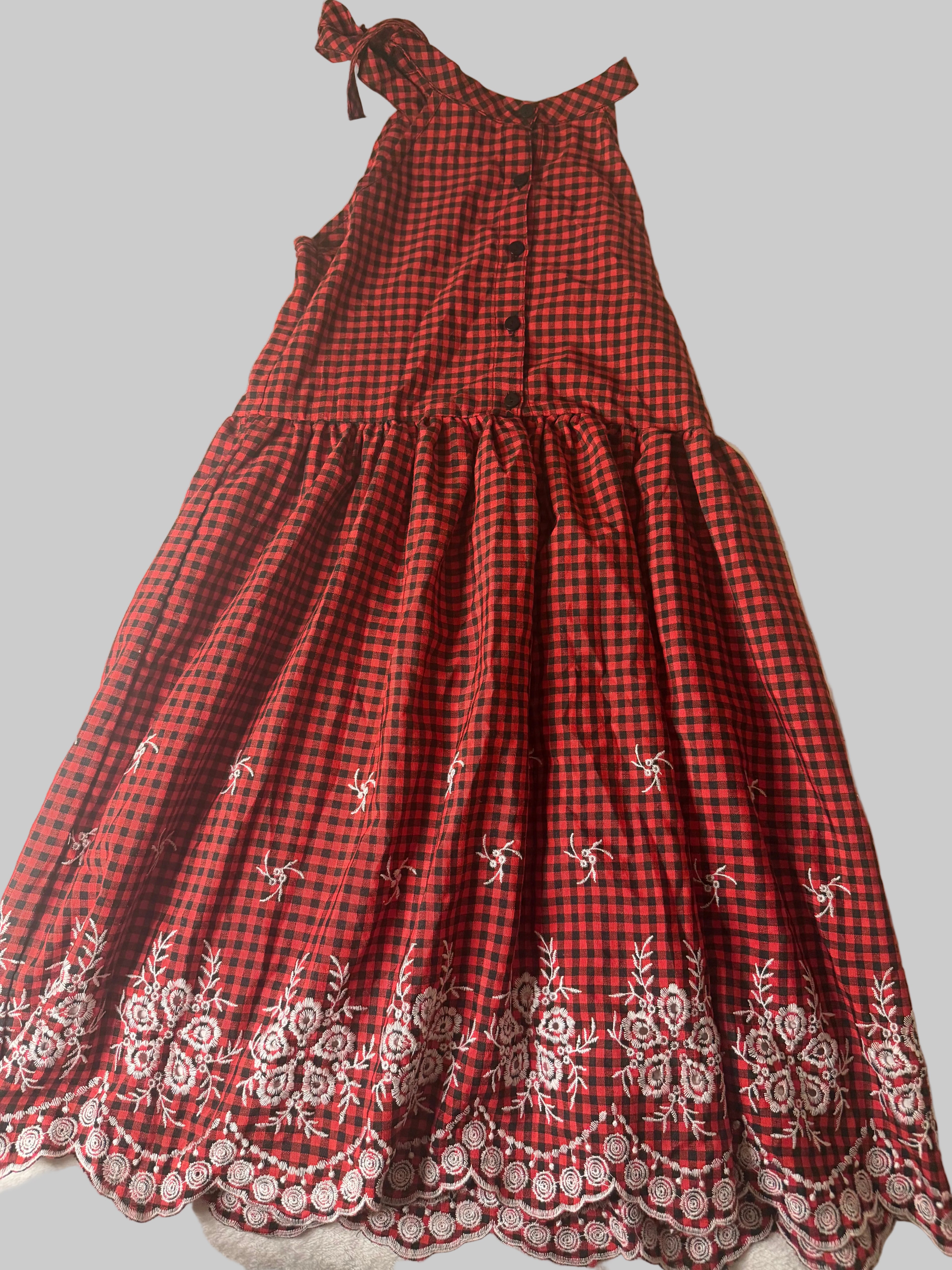 Girls size regular 14 youth-  Checkered red dress with embroidered details.